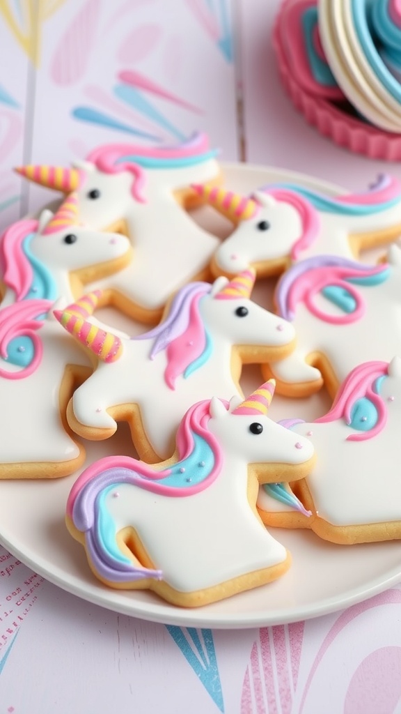 A vibrant plate of decorated unicorn cookies with colorful icing and sprinkles.